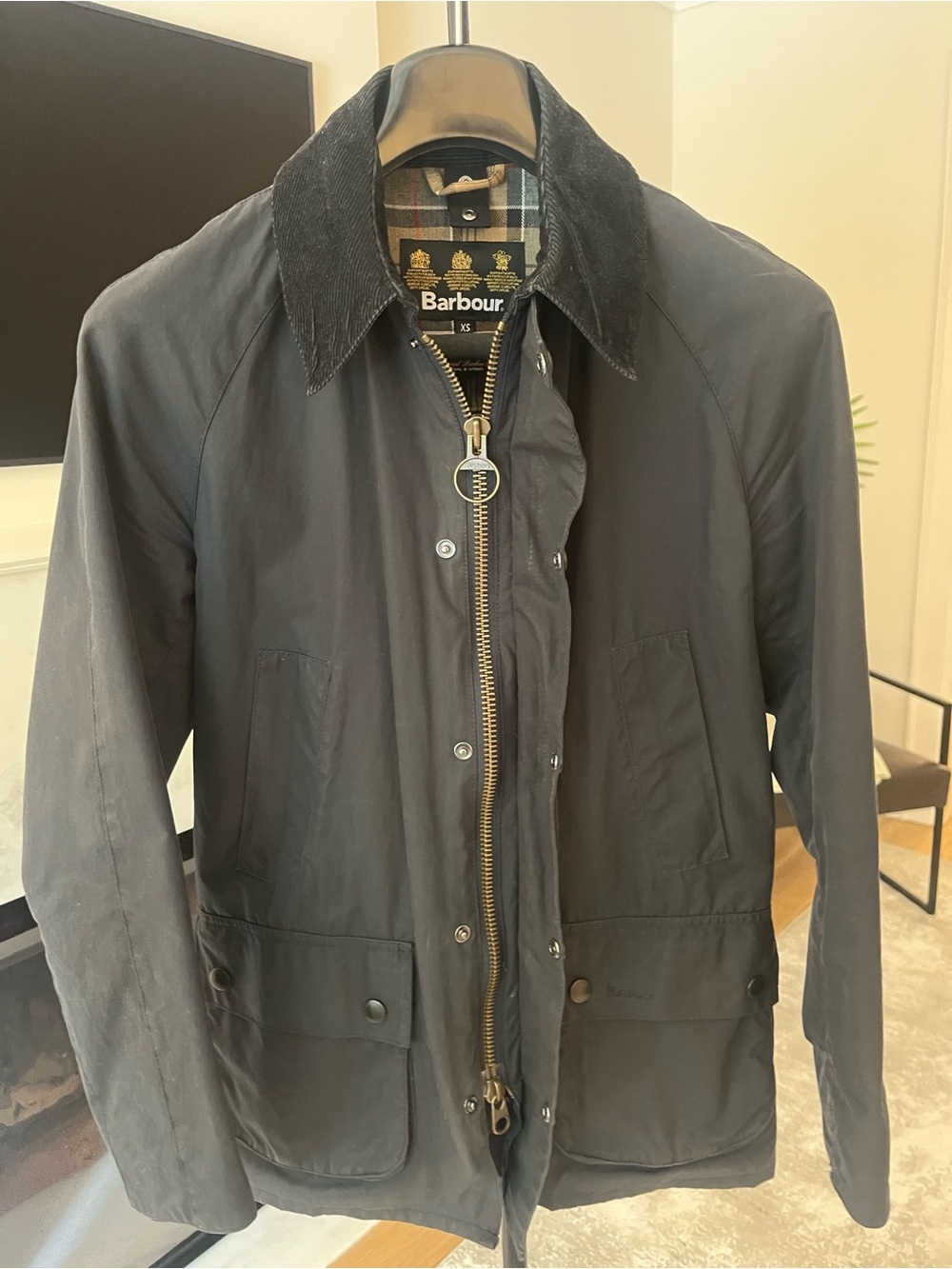 Men's Barbour “Ashby” Classic Navy Waxed Jacket with Corduroy Collar - Size XS